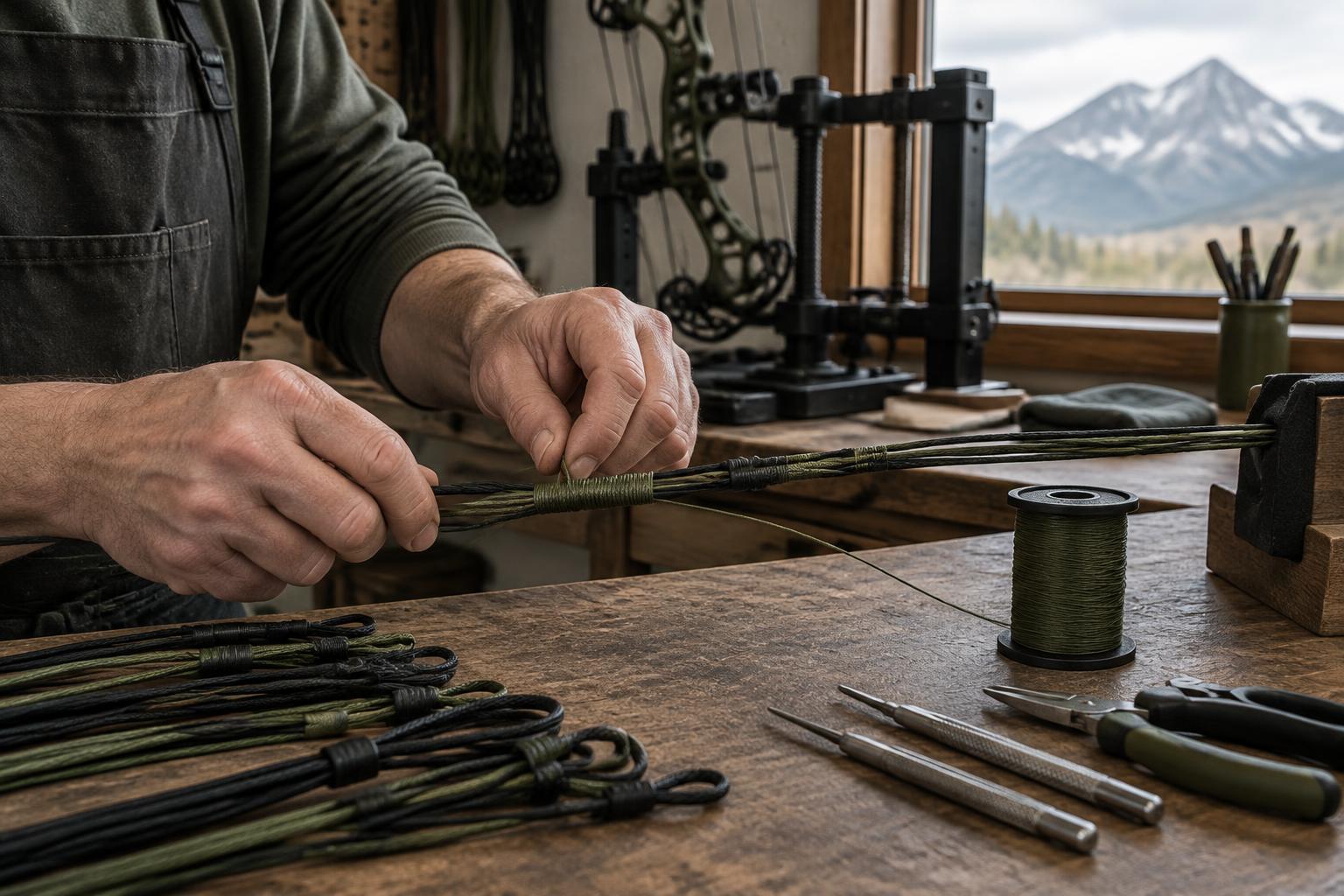Bowmaker's hands serving a custom bowstring on a workbench in a Utah workshop